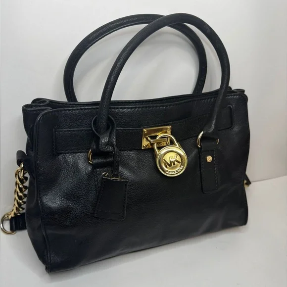 Michael Kors Hamilton Medium Saffiano Leather Handbag w Gold Rock Black - Picture 5 of 11